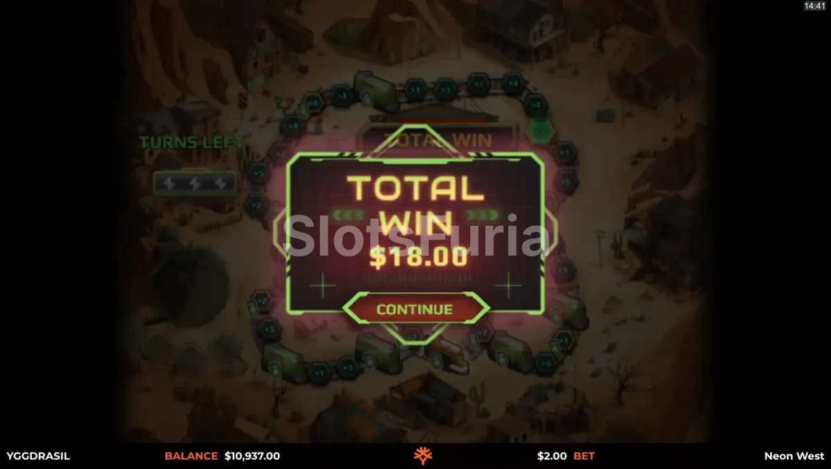 Gran victoria en Neon West con animación de multiplicador explosivo