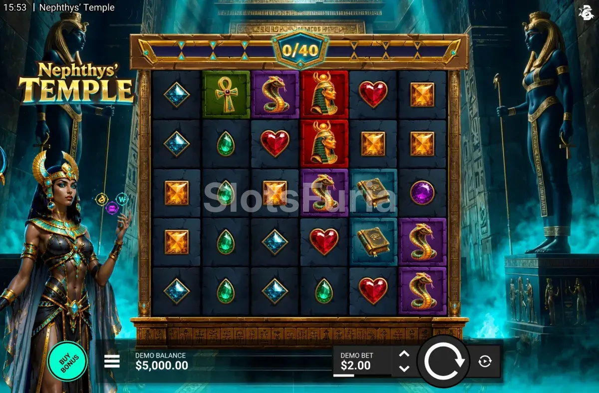 Juego base de Nephthys Temple con la grilla de 6 rodillos y 5 filas