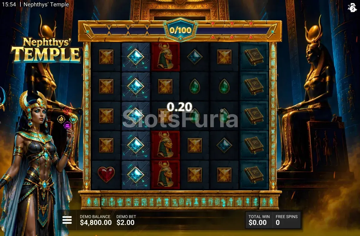 Pantalla de giros gratis de Nephthys Temple con multiplicadores en la grilla