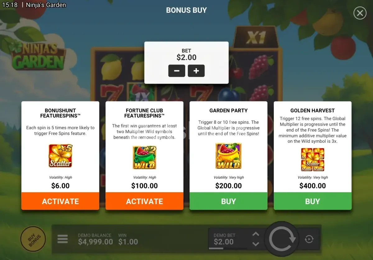 Pantalla de compra de bonos en Ninja's Garden con opciones disponibles