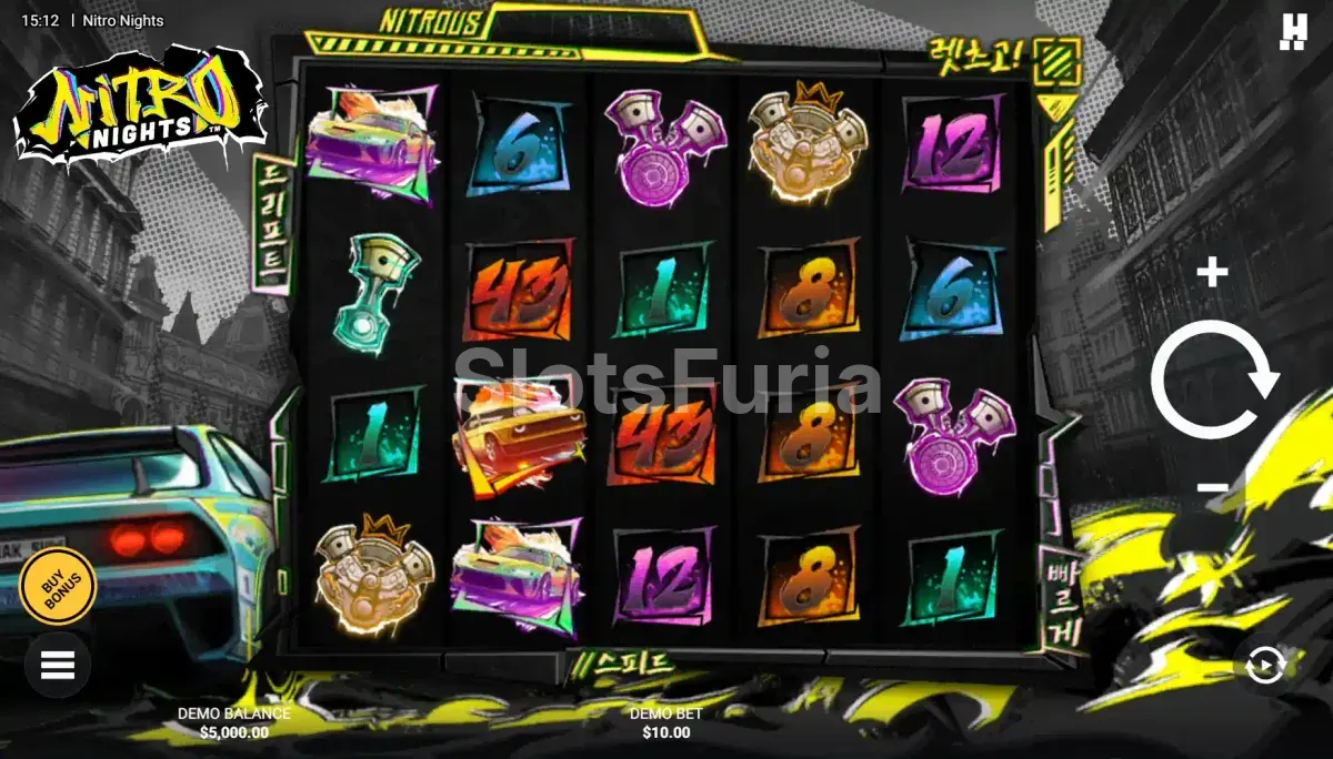 Pantalla principal del juego Nitro Nights con fondo de ciudad nocturna