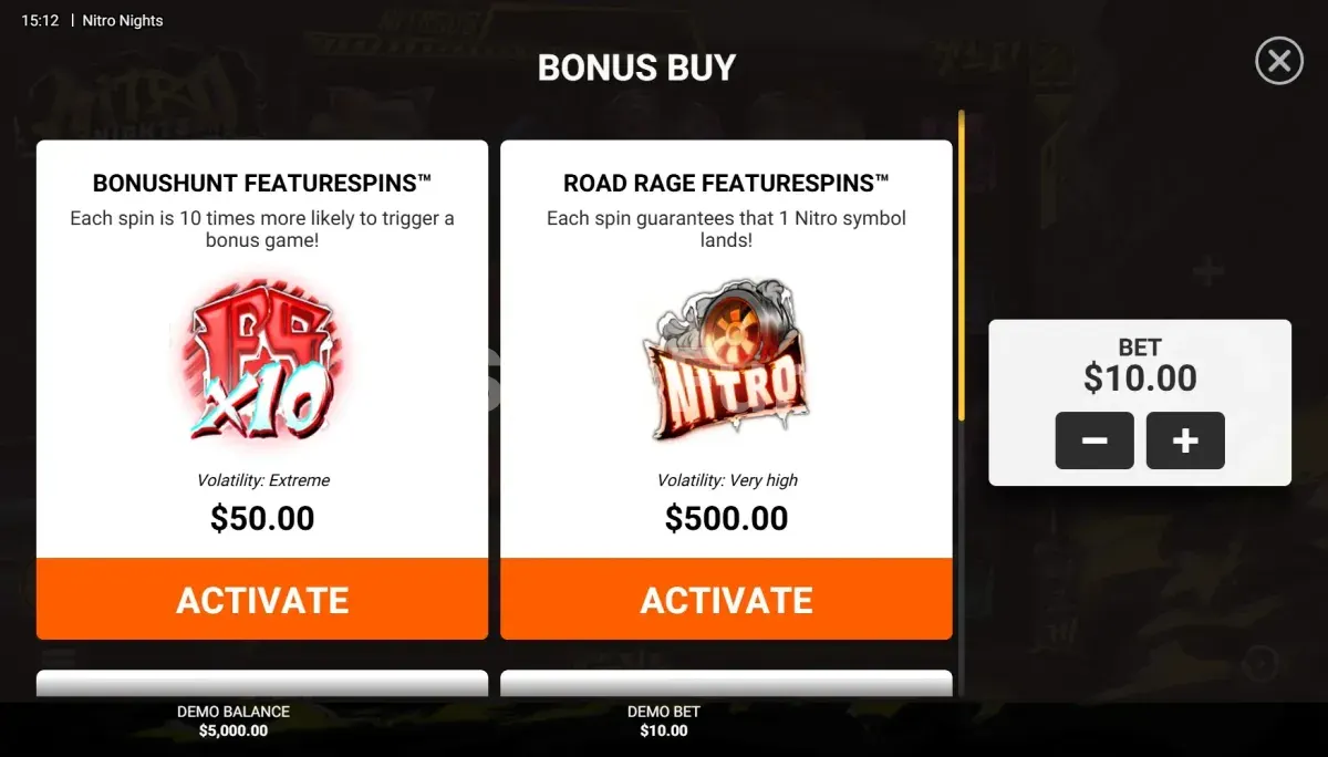 Menú de compra de bonos en la tragamoneda Nitro Nights