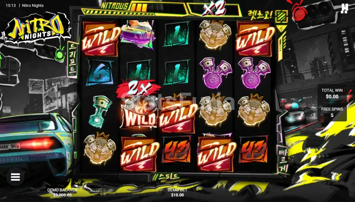 Pantalla de free spins de Tokio en Nitro Nights con multiplicador global activo