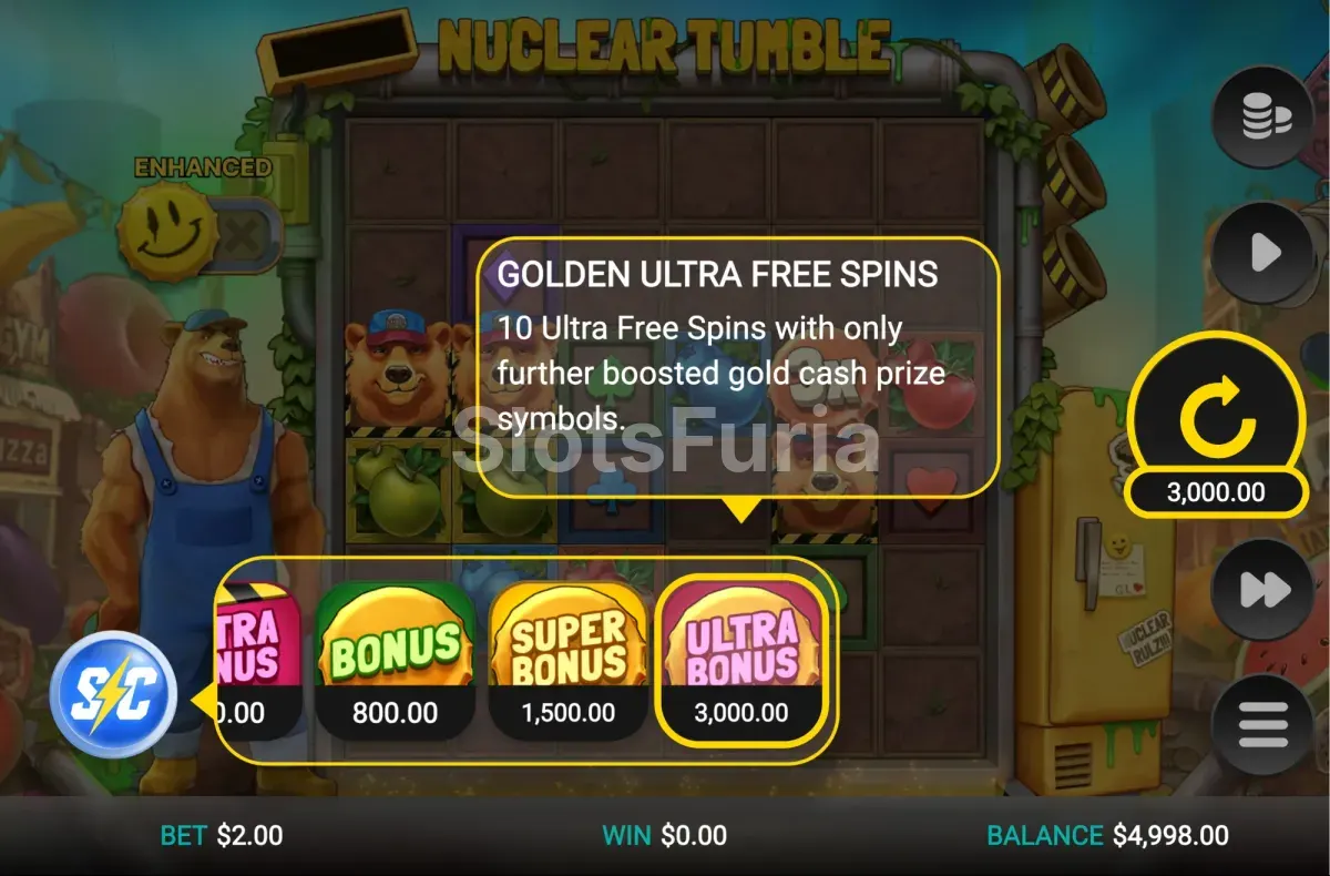 Menú de compra de bonus de Nuclear Tumble con las opciones Feature Buy