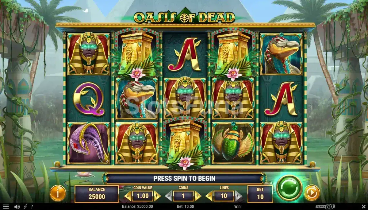 Pantalla principal de Oasis of Dead con los cinco carretes y el entorno egipcio