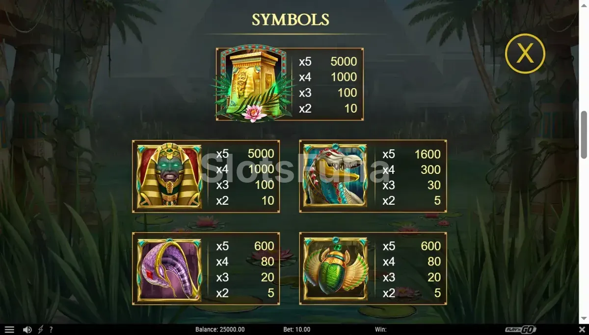 Tabla de pagos de Oasis of Dead con los símbolos y sus valores