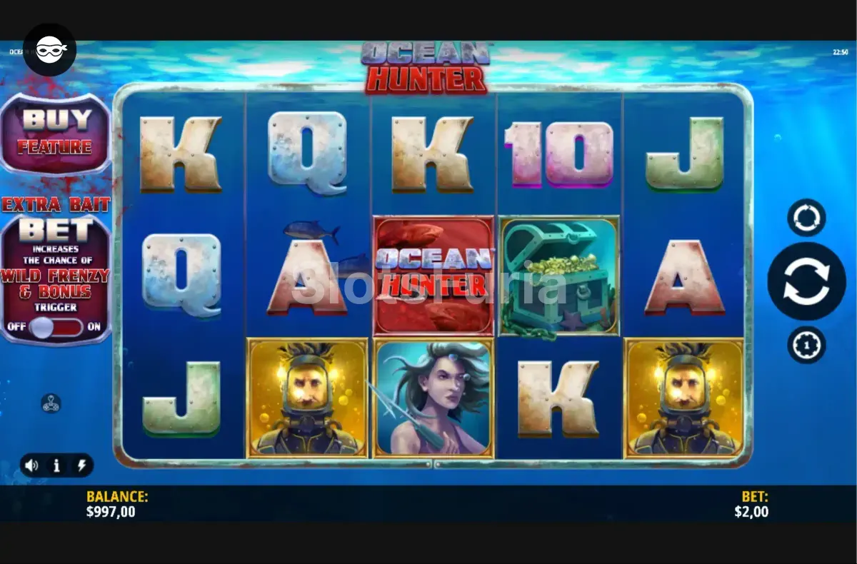 Pantalla principal de Ocean Hunter con sus 5 carretes en acción