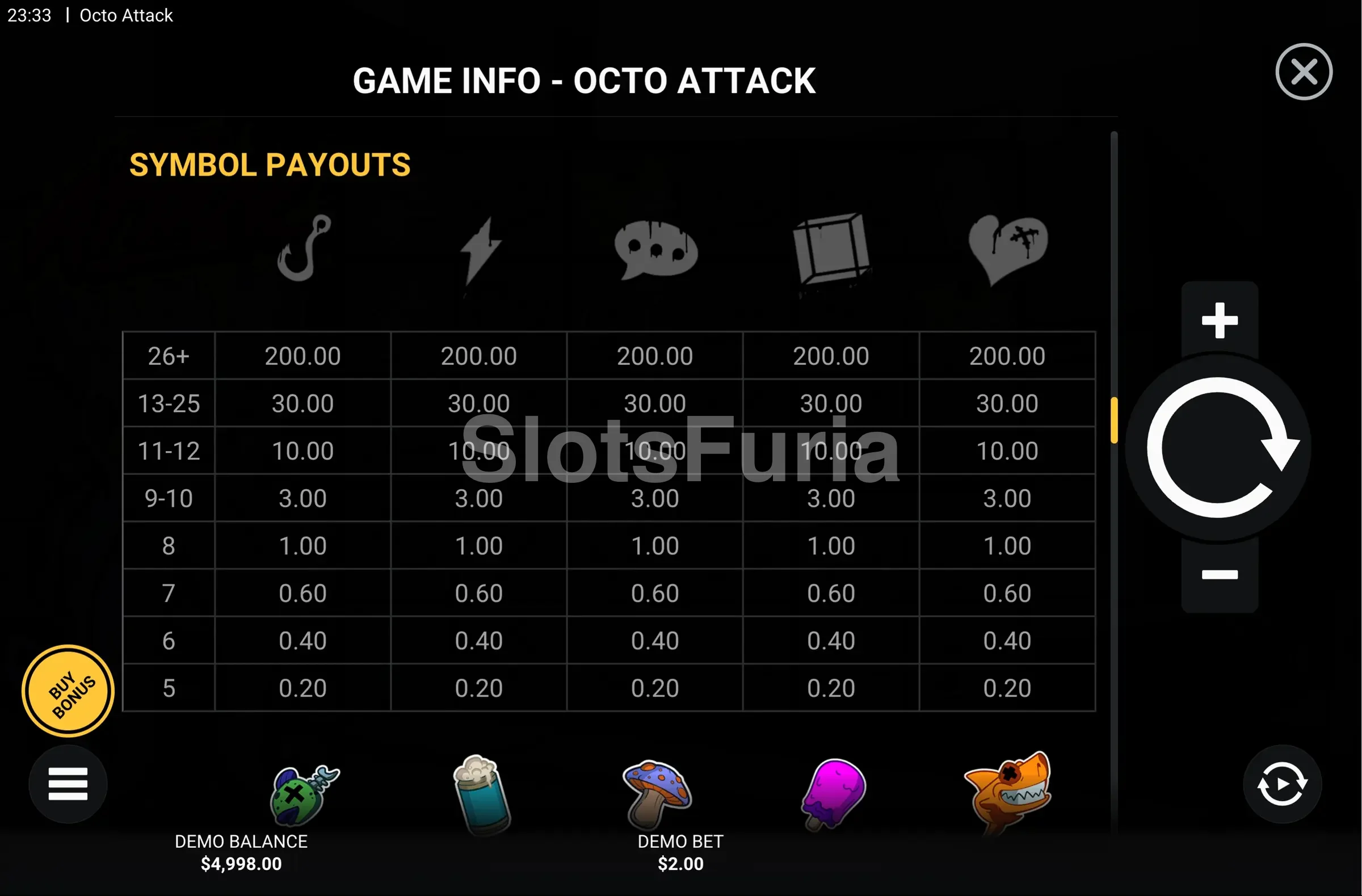 Tabla de pagos de Octo Attack con símbolos y multiplicadores