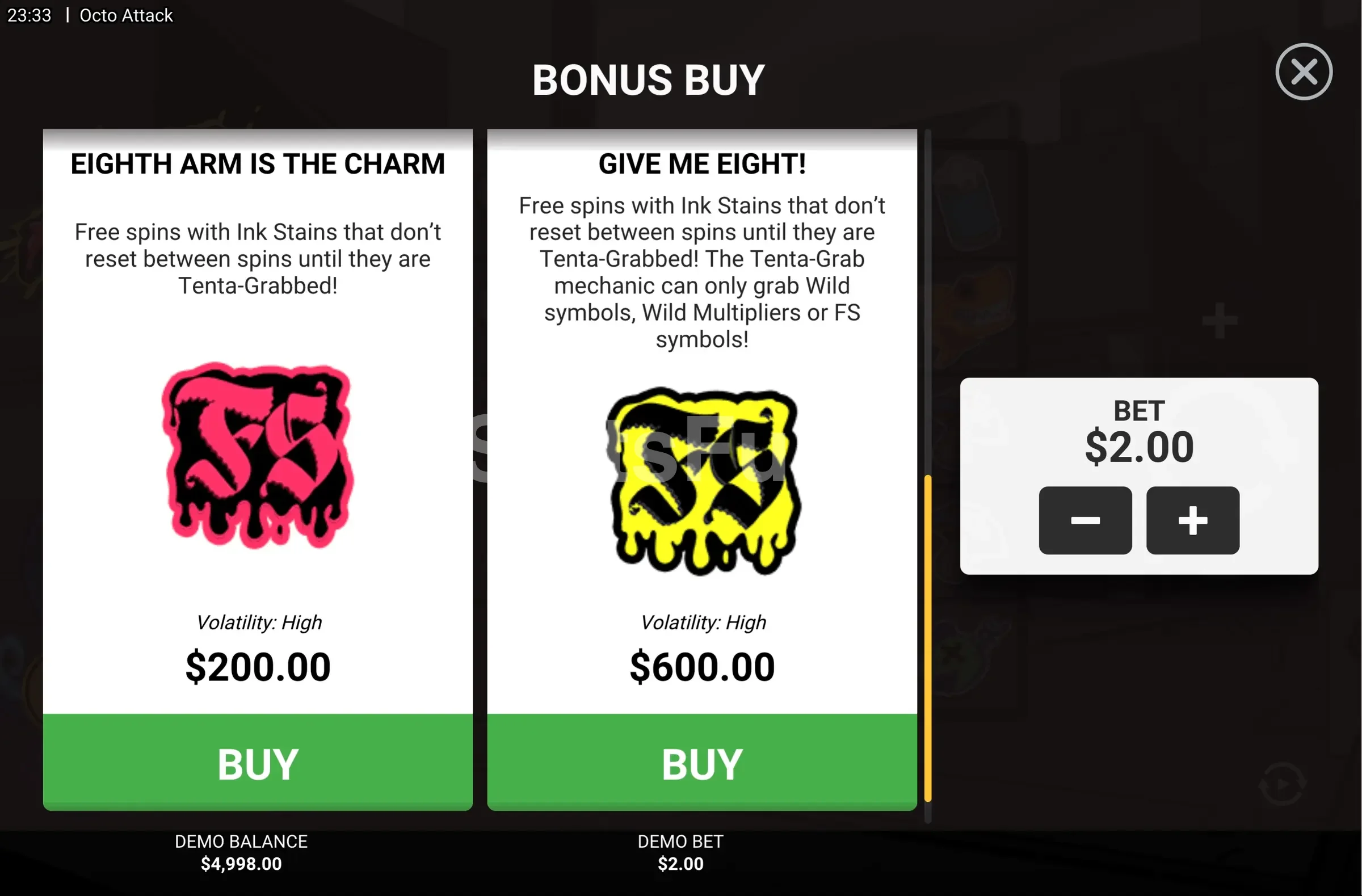 Menú de compra de bonus en Octo Attack de Hacksaw Gaming