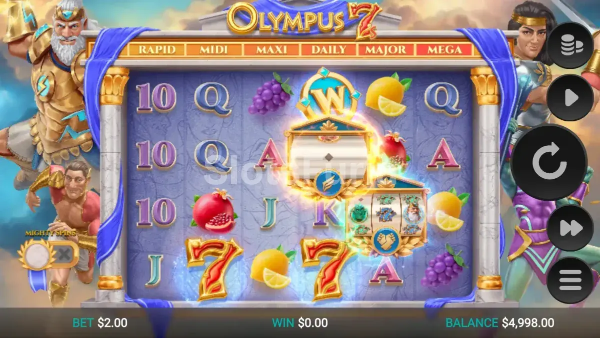 Pantalla principal de Olympus 7's Dream Drop con los dioses griegos y los mini slots