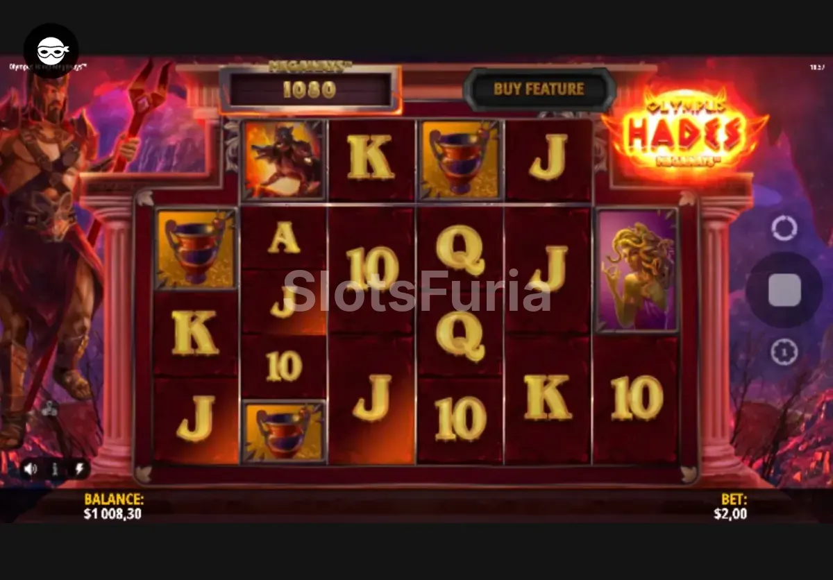 Segunda pantalla de juego base de Olympus Hades Megaways en acción