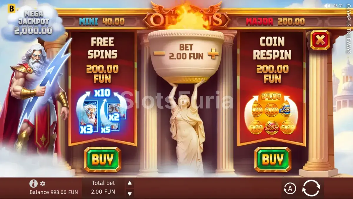 Pantalla de compra de bonus en Olympus Trueways de BGaming