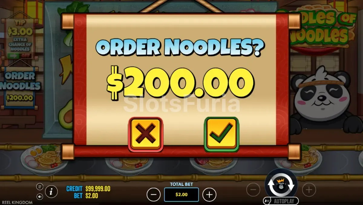 Pantalla de compra de bonus de Oodles of Noodles en Reel Kingdom