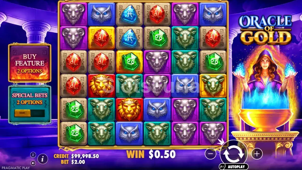 Juego base de Oracle of Gold con templo griego y llamas azules