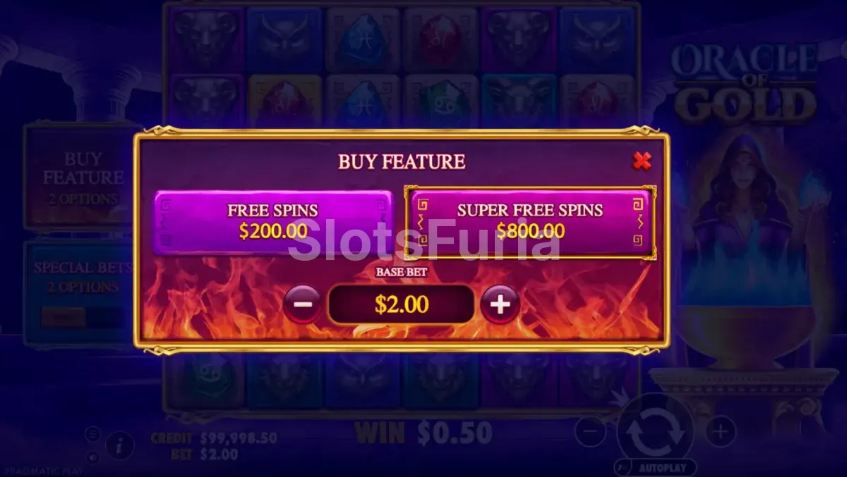 Pantalla de compra de bonus en Oracle of Gold de Pragmatic Play
