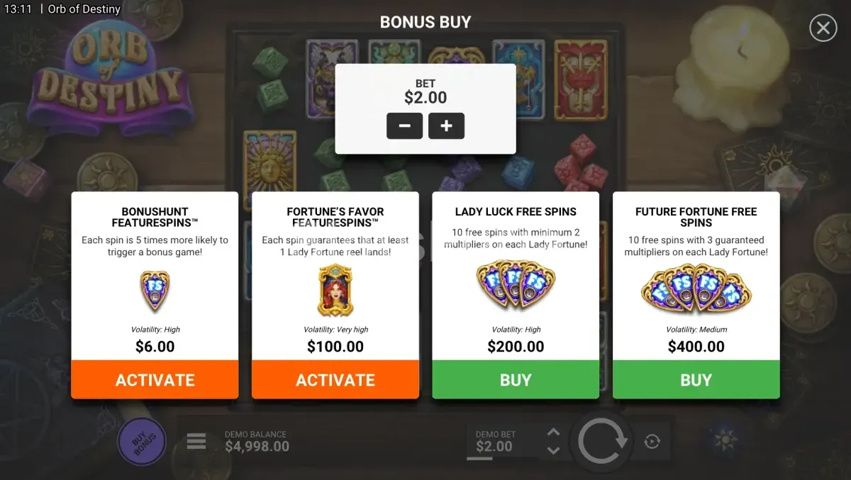 Menú de compra de bonus en Orb of Destiny