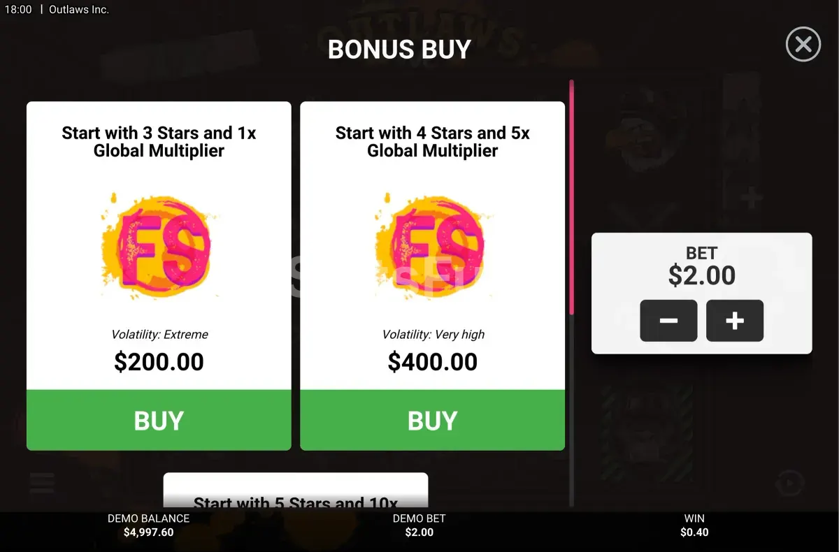 Pantalla de compra de bonus disponible en Outlaws Inc