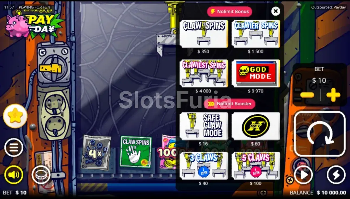 Pantalla de compra de bonus en Outsourced Payday de Nolimit City