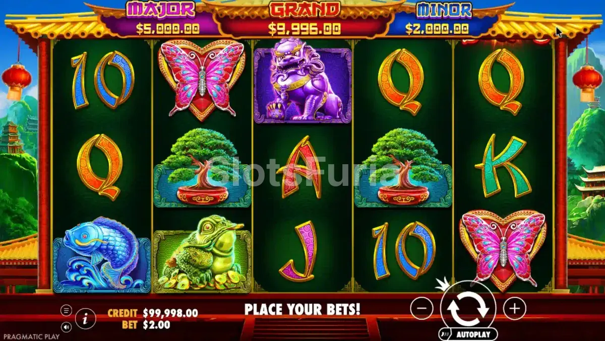 Pantalla principal de Panda's Fortune 2 con los rodillos en acción