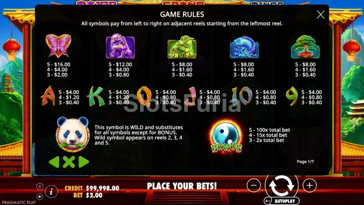 Tabla de pagos de Panda's Fortune 2 con premios dorados destacados