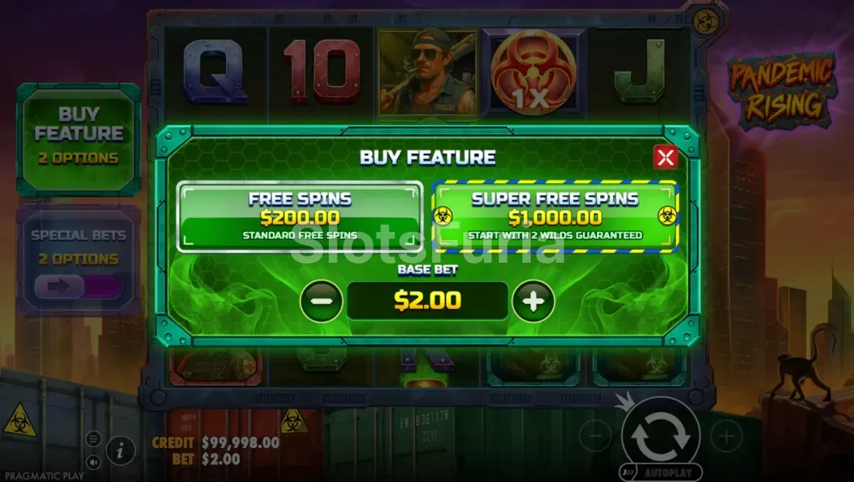 Menú de compra de bono de Pandemic Rising con las opciones de 100x y 500x