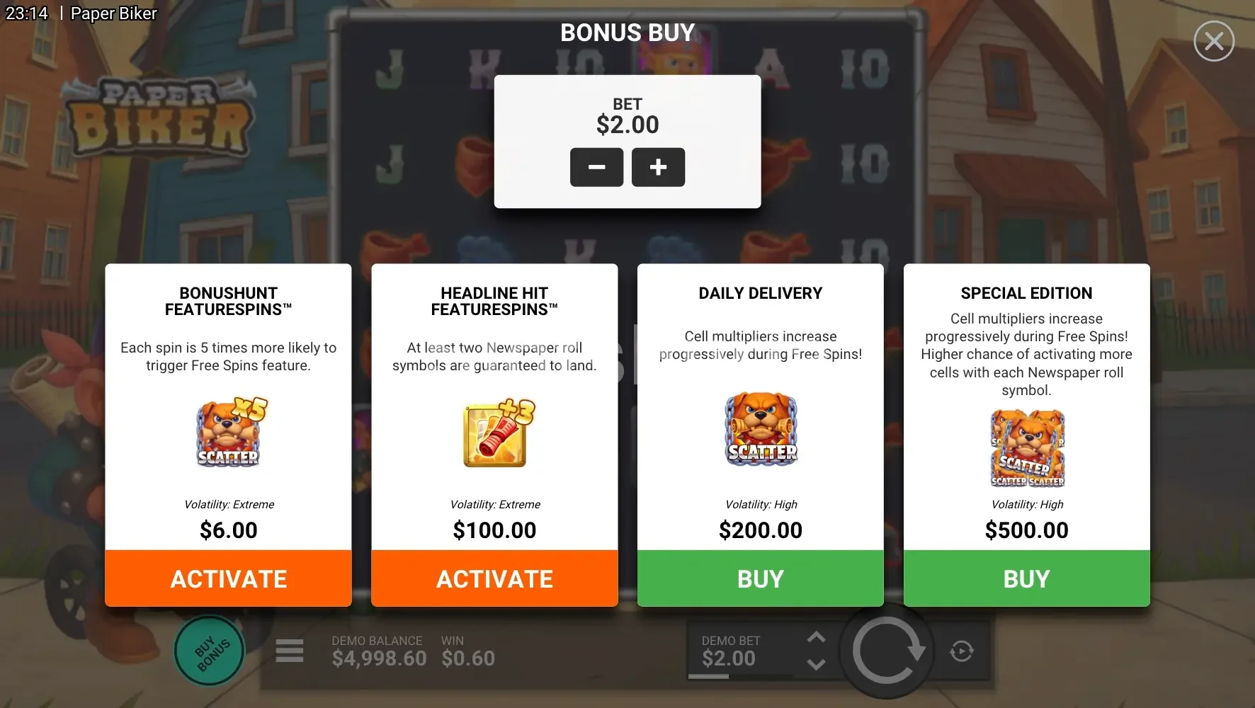Interfaz de compra de bonus en Paper Biker de Hacksaw Gaming