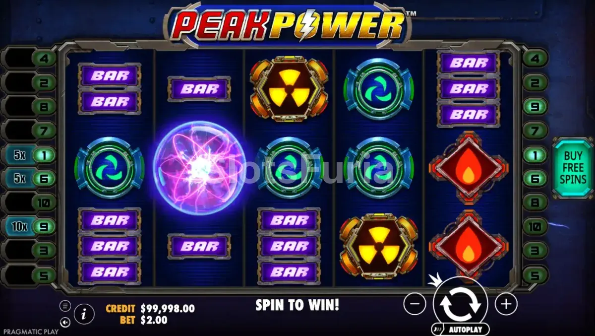 Juego base de Peak Power con multiplicadores activos en los carriles