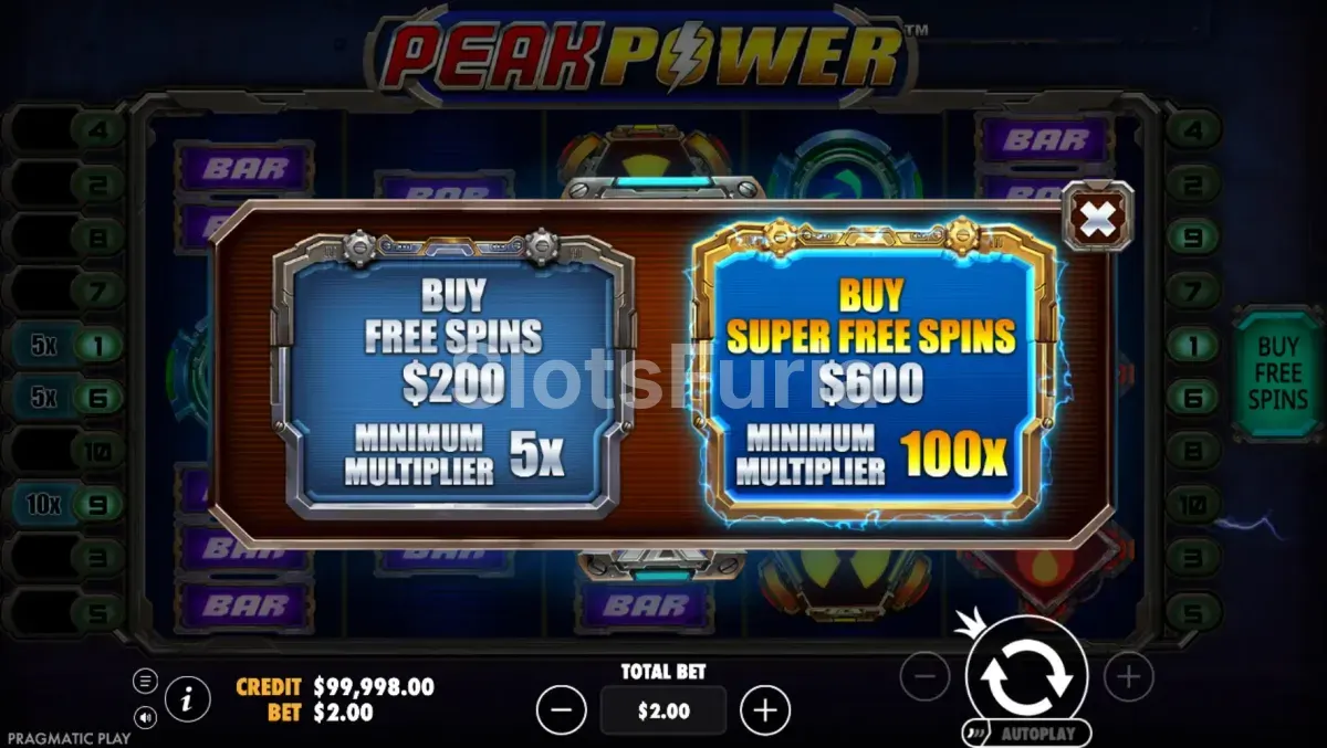 Pantalla de compra de bonus en Peak Power con dos opciones disponibles
