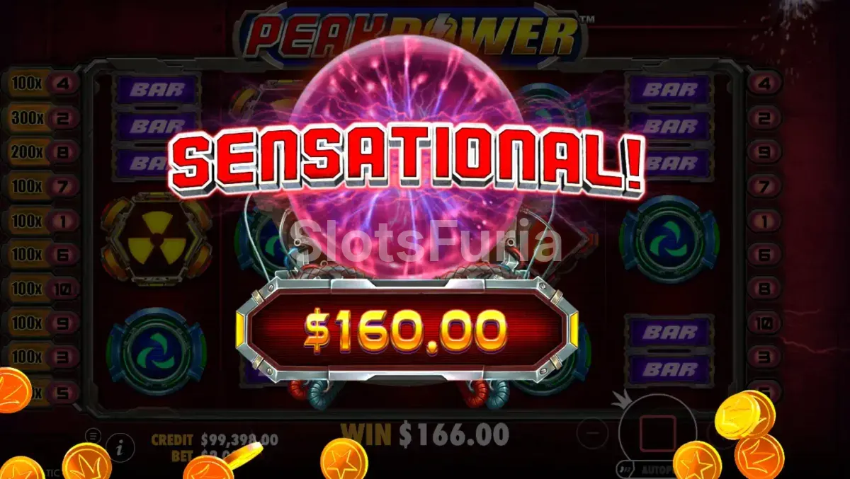 Gran victoria en Peak Power mostrando multiplicadores explosivos en acción