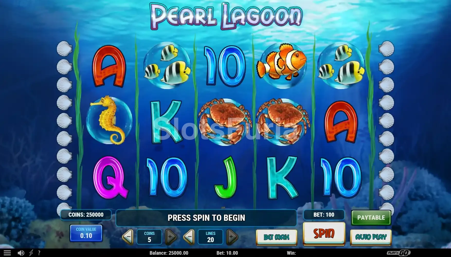 Pantalla principal de Pearl Lagoon con los cinco carretes activos