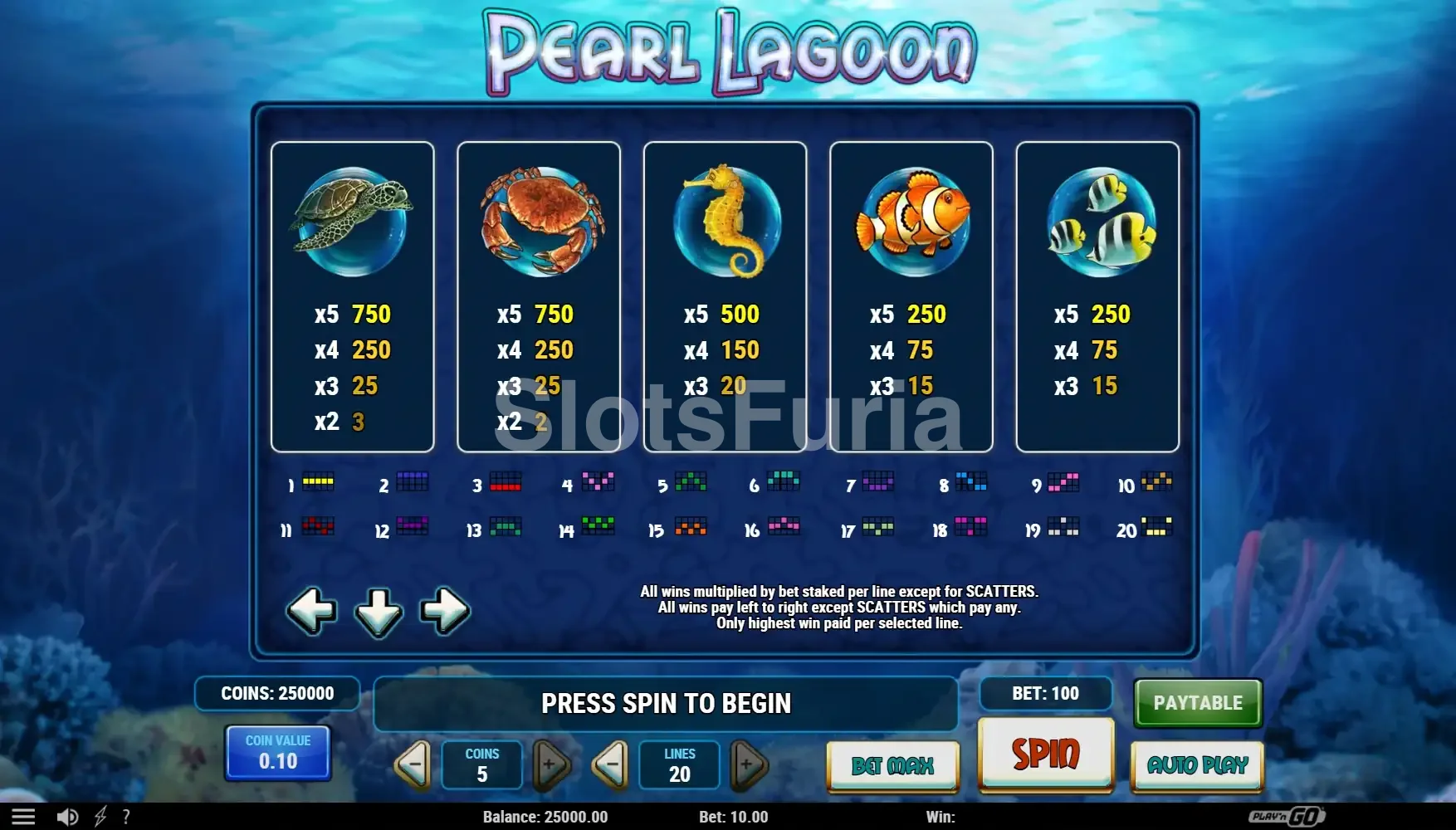 Tabla de pagos de Pearl Lagoon con los símbolos y sus valores