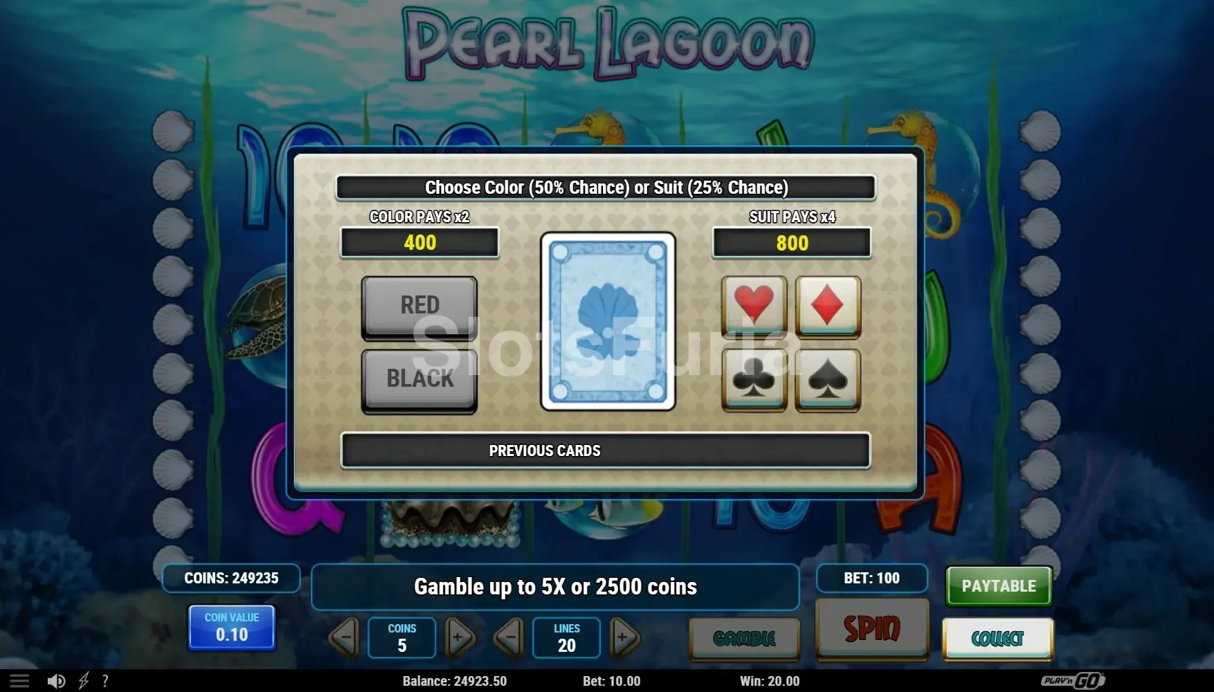 Función gamble de Pearl Lagoon para doblar ganancias
