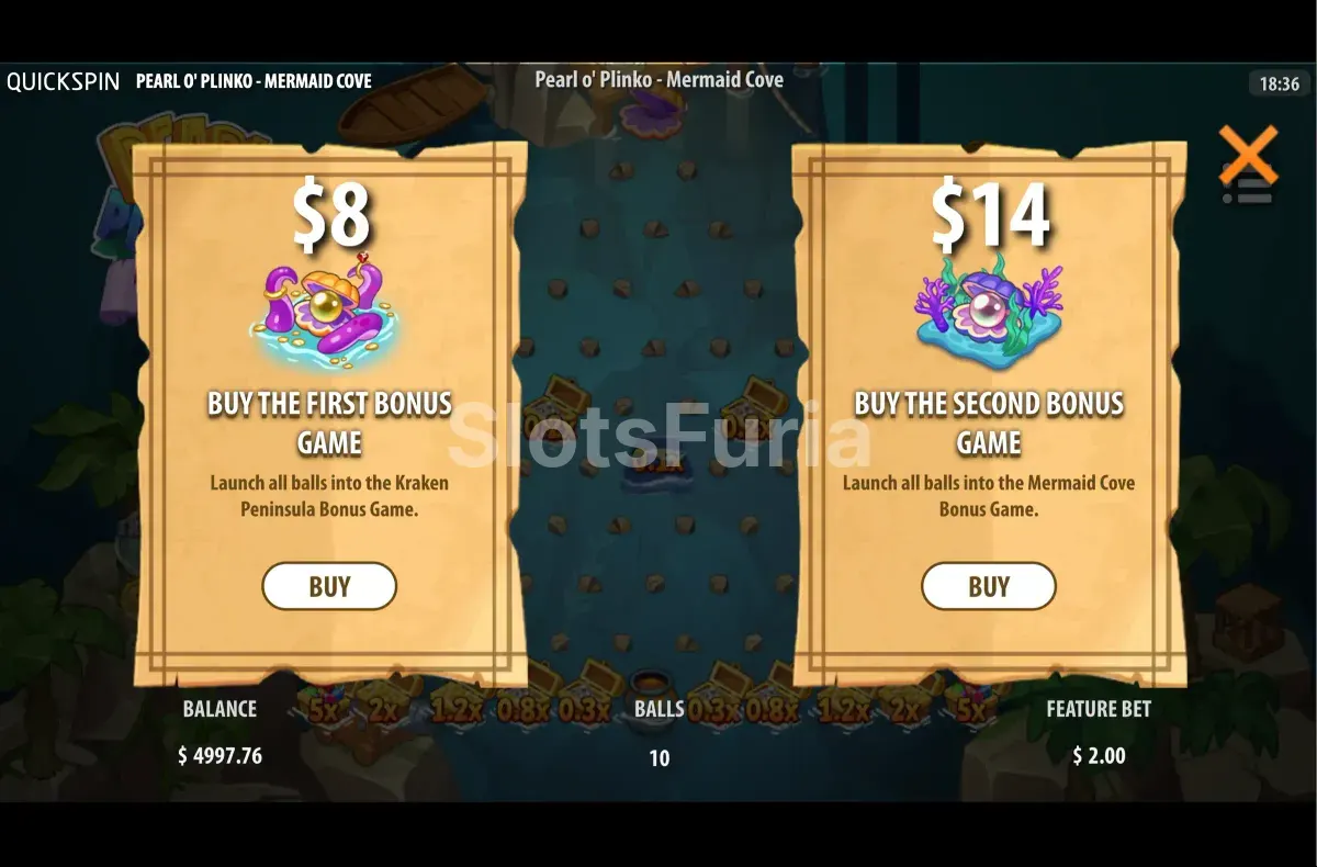 Pantalla de compra de bonus en Pearl O Plinko Mermaid Cove de Quickspin