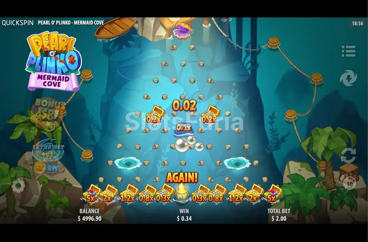 Pantalla principal del juego Pearl O Plinko Mermaid Cove con el tablero de Plinko submarino