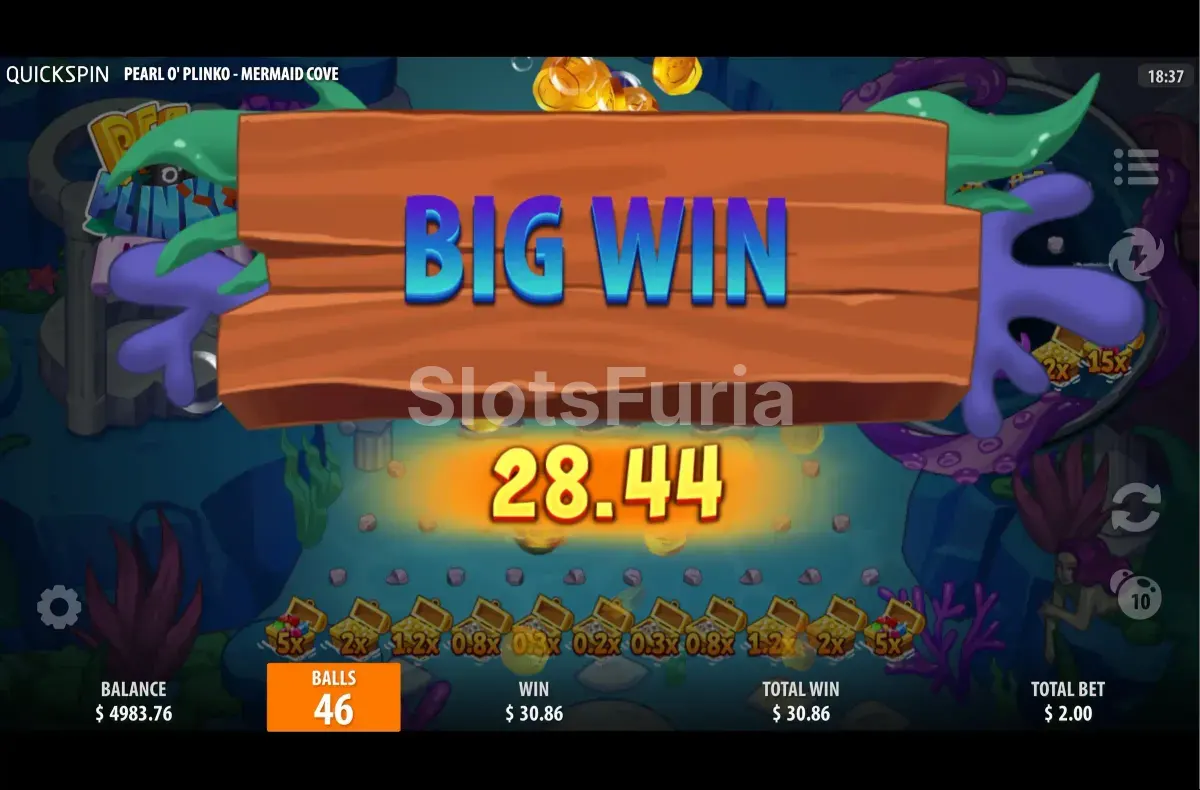 Gran victoria en Pearl O Plinko Mermaid Cove mostrando multiplicador máximo