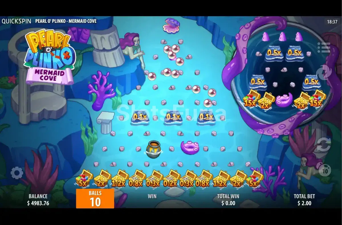Ronda de bonus Mermaid Cove en Pearl O Plinko Mermaid Cove con bolas cayendo