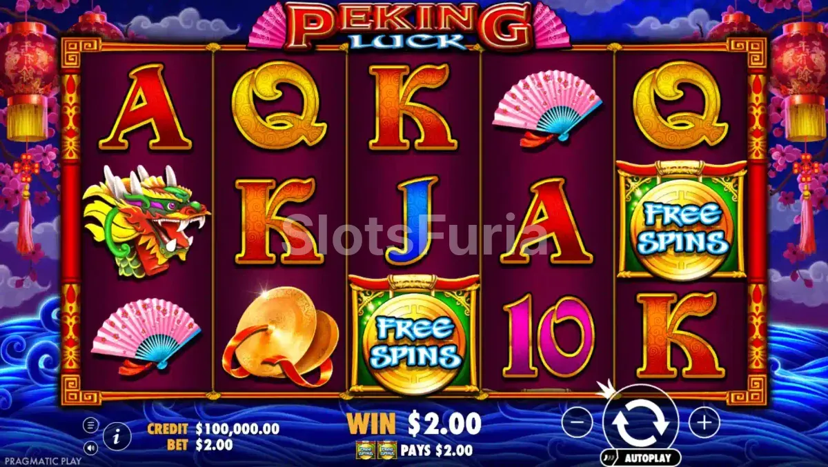Pantalla principal de Peking Luck con los símbolos chinos en plena acción