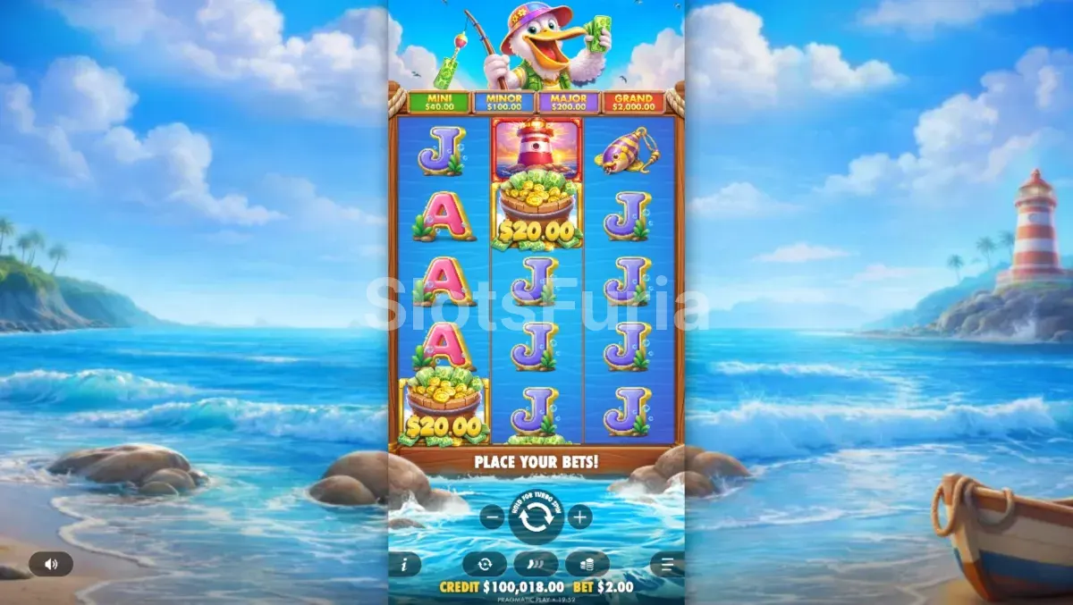 Segunda vista del juego base de Pelican Payday en la orilla del mar