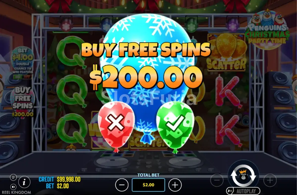 Pantalla de compra de bonus en Penguins Christmas Party Time por 100x la apuesta