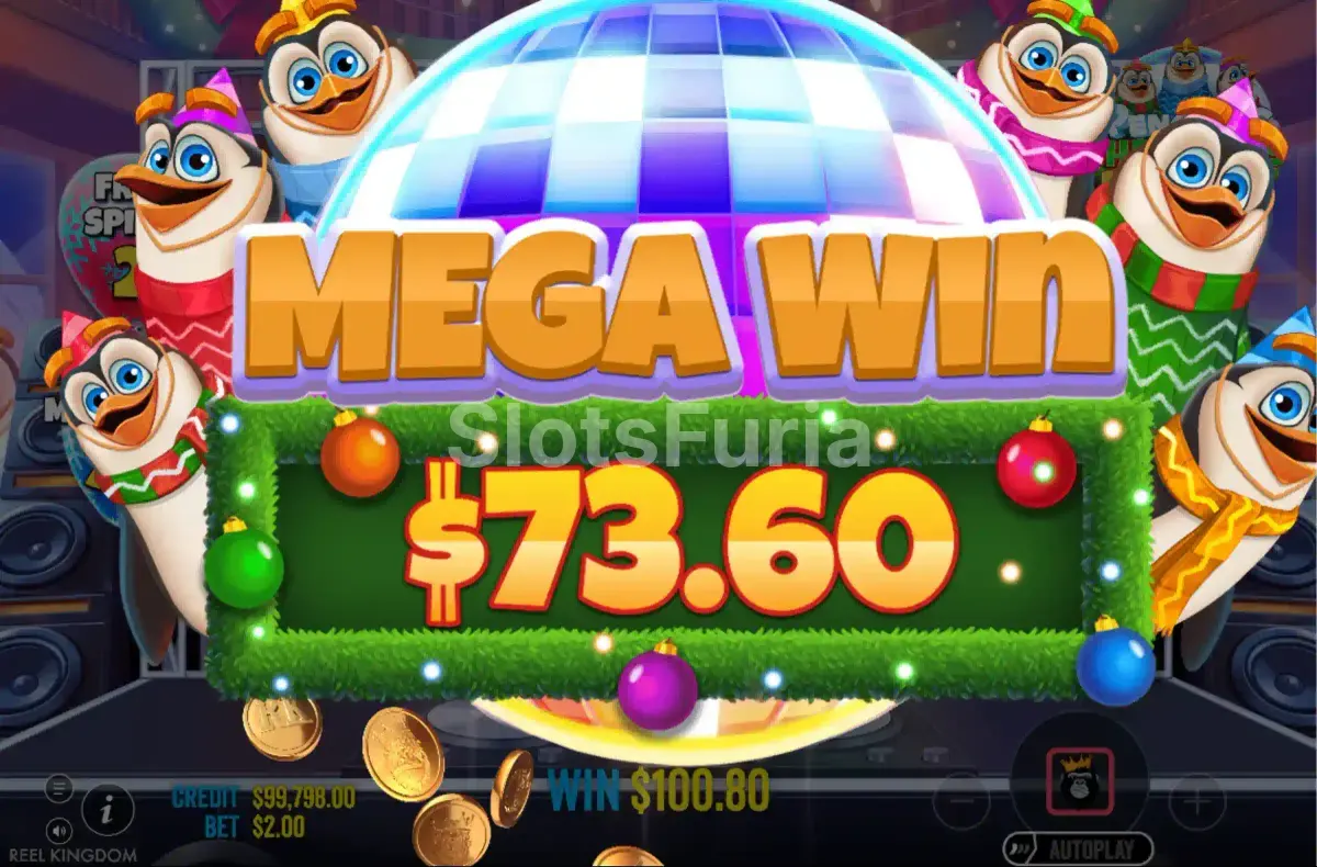 Gran victoria en Penguins Christmas Party Time con multiplicador activado