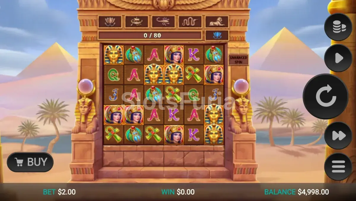 Base game de Pharaoh's Last Wish con cuadrícula 6x5 y paisaje del antiguo Egipto