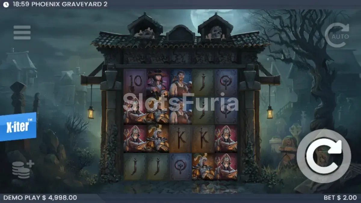 Juego base de Phoenix Graveyard 2 con el escenario del cementerio iluminado por la luna
