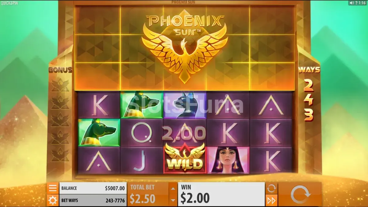 Pantalla principal del juego Phoenix Sun con sus rodillos y símbolos de fuego