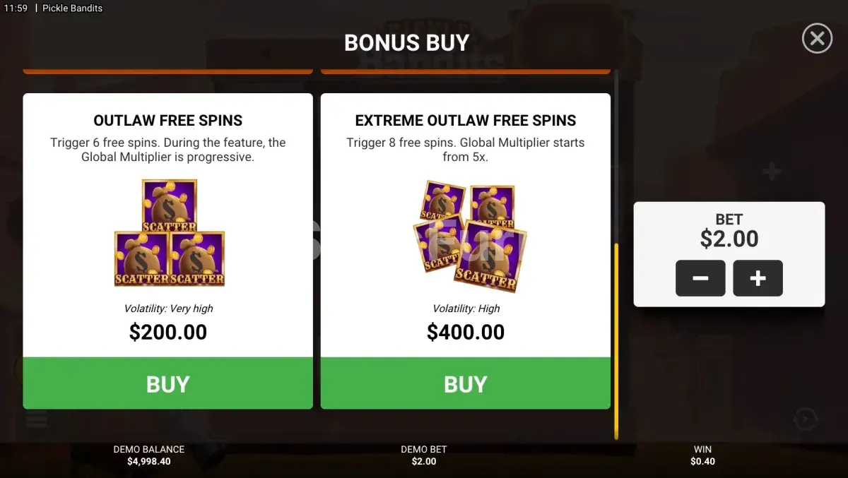 Pantalla de compra de bonos en Pickle Bandits