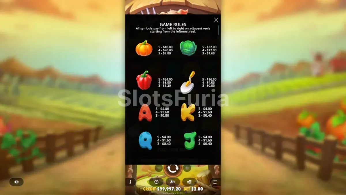 Tabla de pagos de Pig Farm mostrando valores de símbolos