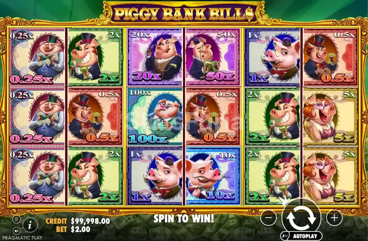 Pantalla principal de Piggy Bank Bills con billetes en los rodillos