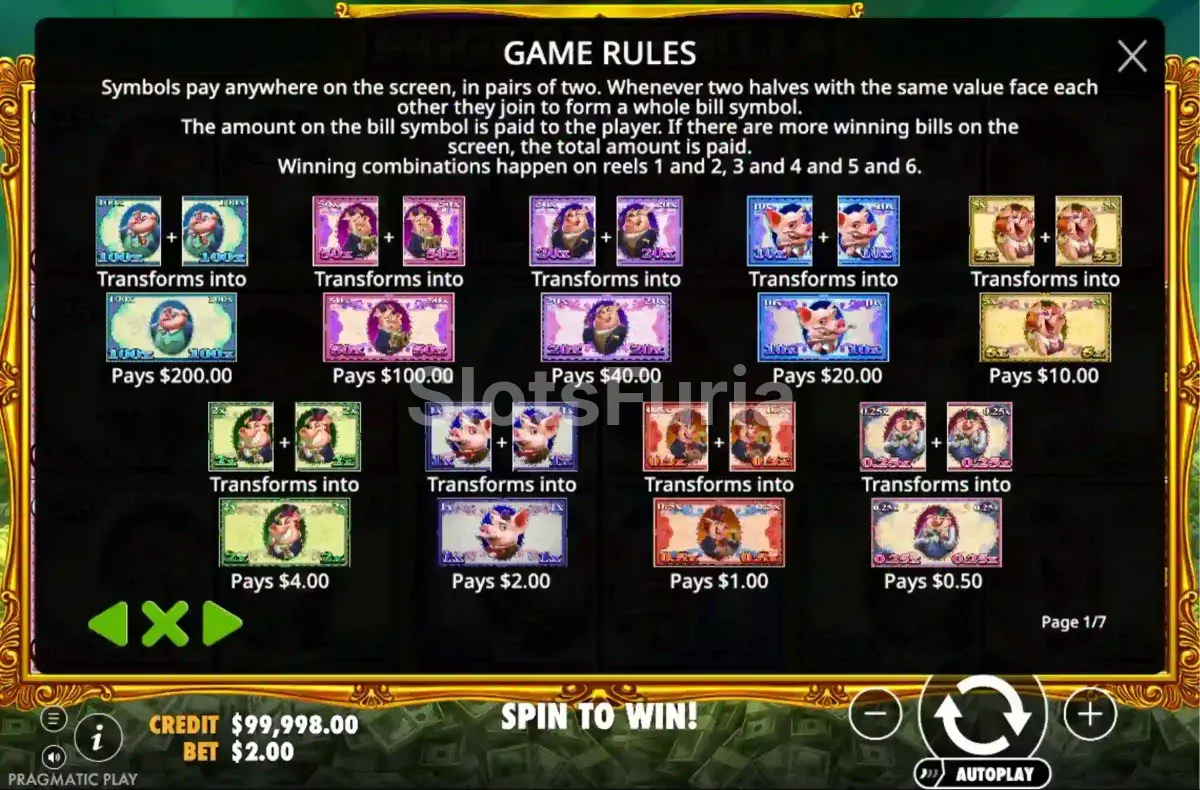 Tabla de pagos de Piggy Bank Bills de Pragmatic Play