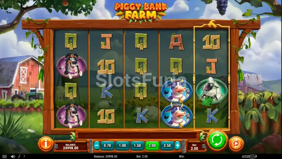 Pantalla principal de la tragamonedas Piggy Bank Farm con sus cinco reeles