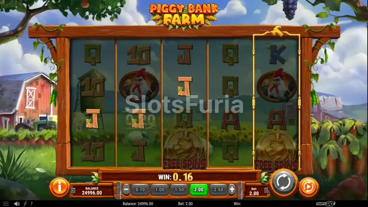 Segunda pantalla del juego base de Piggy Bank Farm mostrando la acción en los reeles