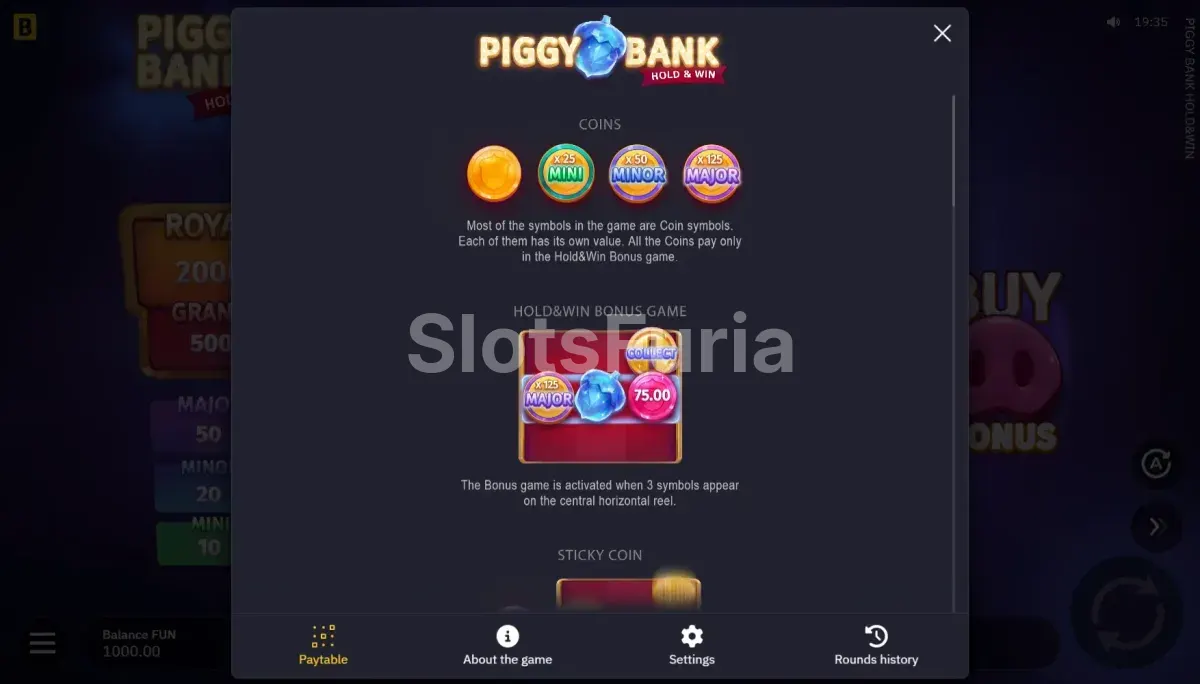 Tabla de pagos detallada de Piggy Bank Hold & Win